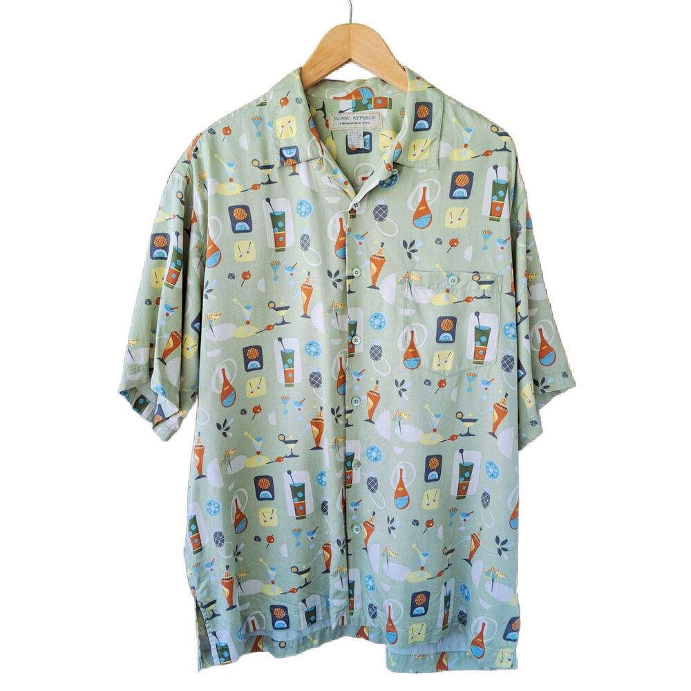 ISLAND REPUBLIC Silk Mens XL Casual Shirt Aloha Cocktail  Mid Century Modern